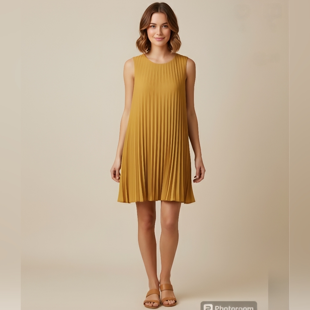 Anthropologie Mustard Yellow Pleated Summer Dress Size Medium